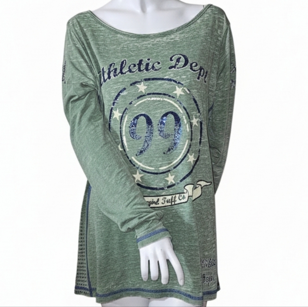Cowgirl Tuff Green Long Sleeve Tee with Blue Accents